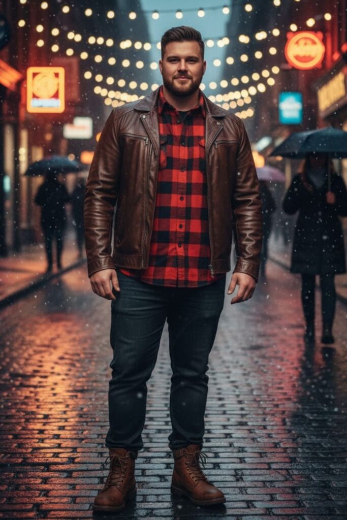 Leather Jacket with Plaid Shirt and Dark Pants
