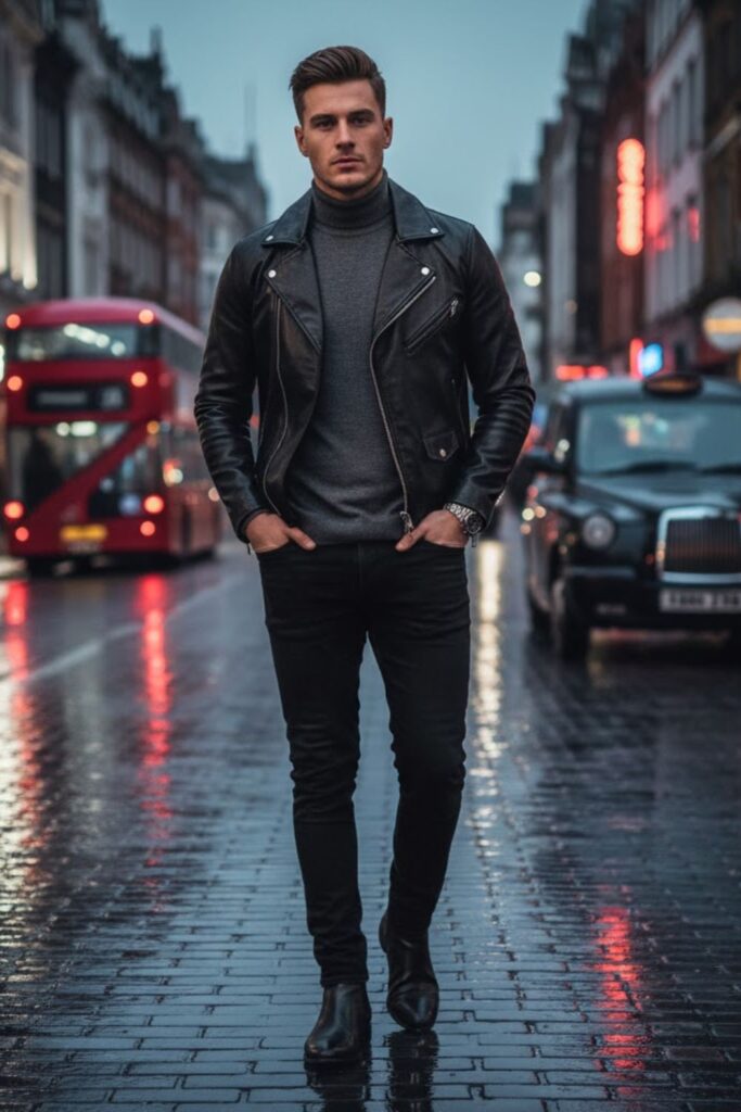 Leather Jacket with Roll Neck and Black Jeans