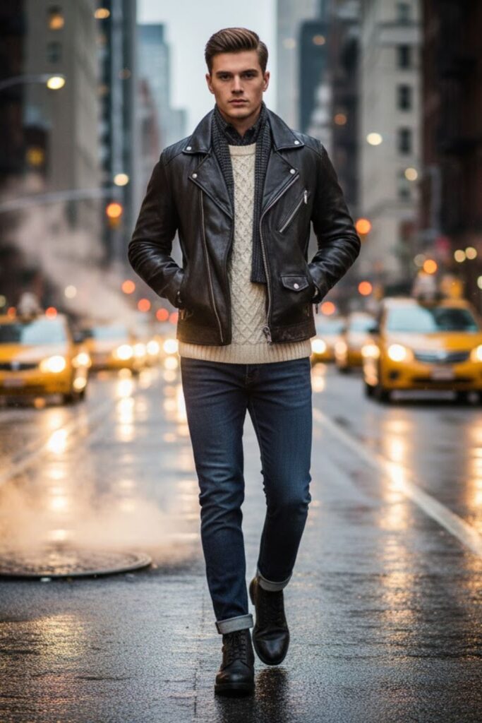 Leather Moto Jacket with Sweater and Denim