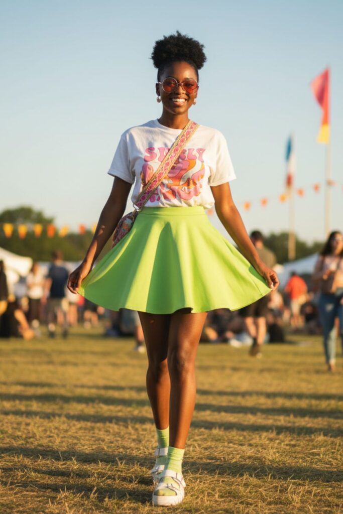 Lime Green Skirt with Graphic Tee and Platform Sandals