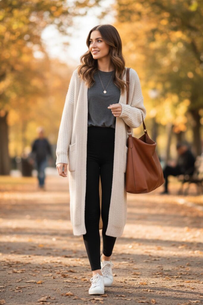 Long Cardigan over T-Shirt and Leggings