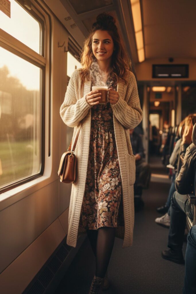 Long Cardigan with Dress and Tights