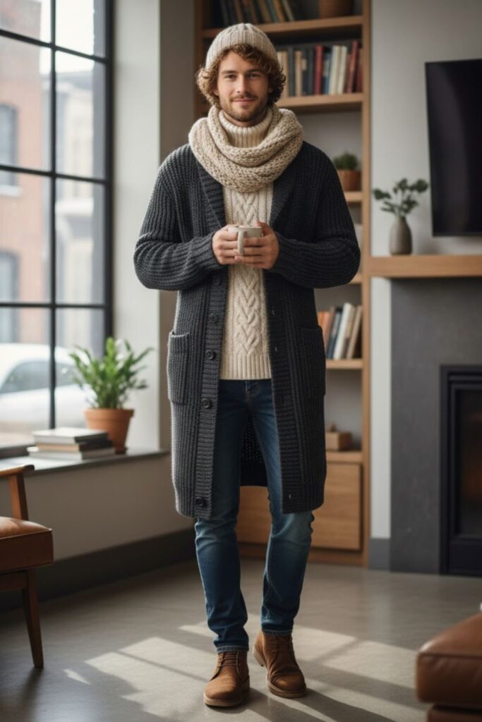 Long Cardigan with Layered Knitwear