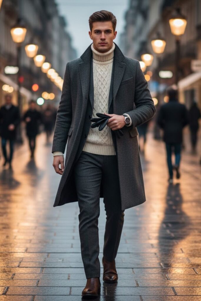 Long Overcoat with Layered Sweaters