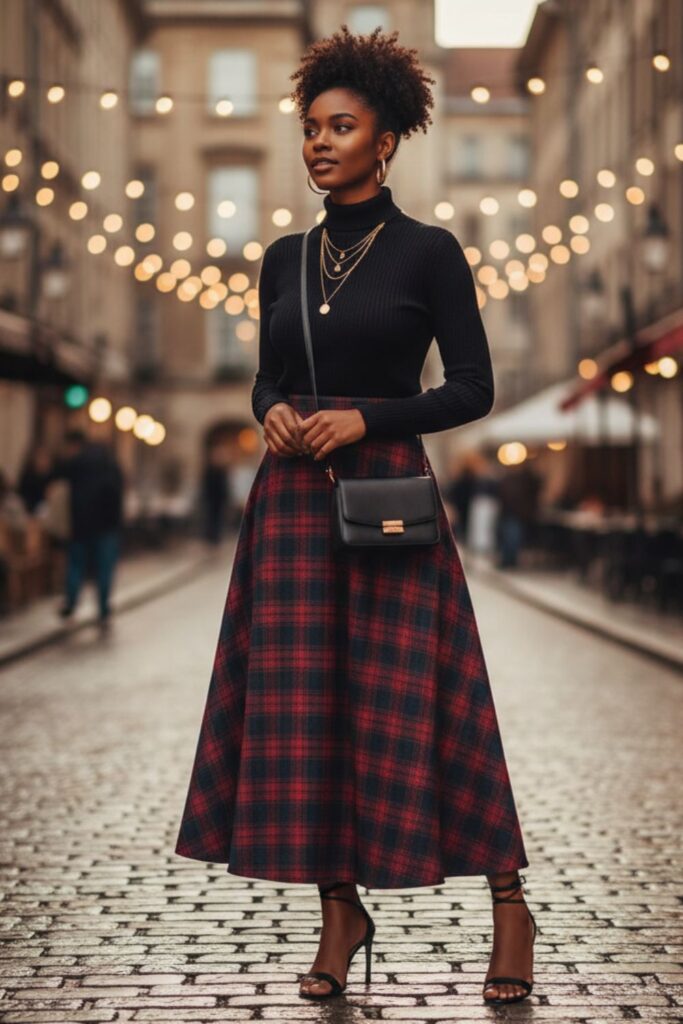 Long Plaid Skirt with Fitted Sweater and Heeled Sandals