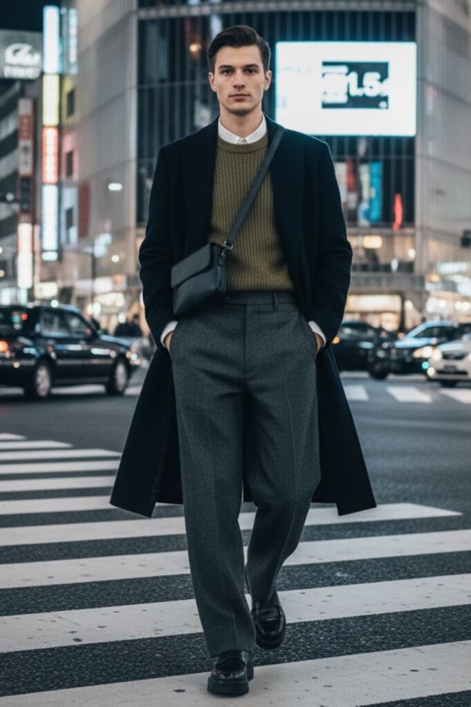 Long coat + knit sweater + wide-leg pants + platform loafers