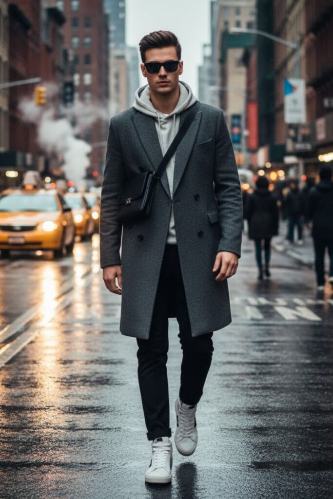 Longline Coat with Hoodie and Slim Joggers