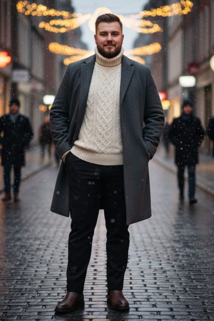 Longline Coat with Knit Sweater and Tapered Trousers
