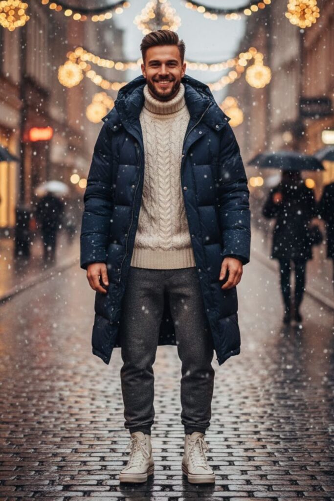 Longline Puffer Coat with Sweater and Joggers