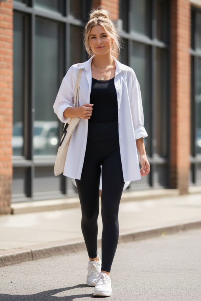 Loose Button-Up Shirt with Leggings