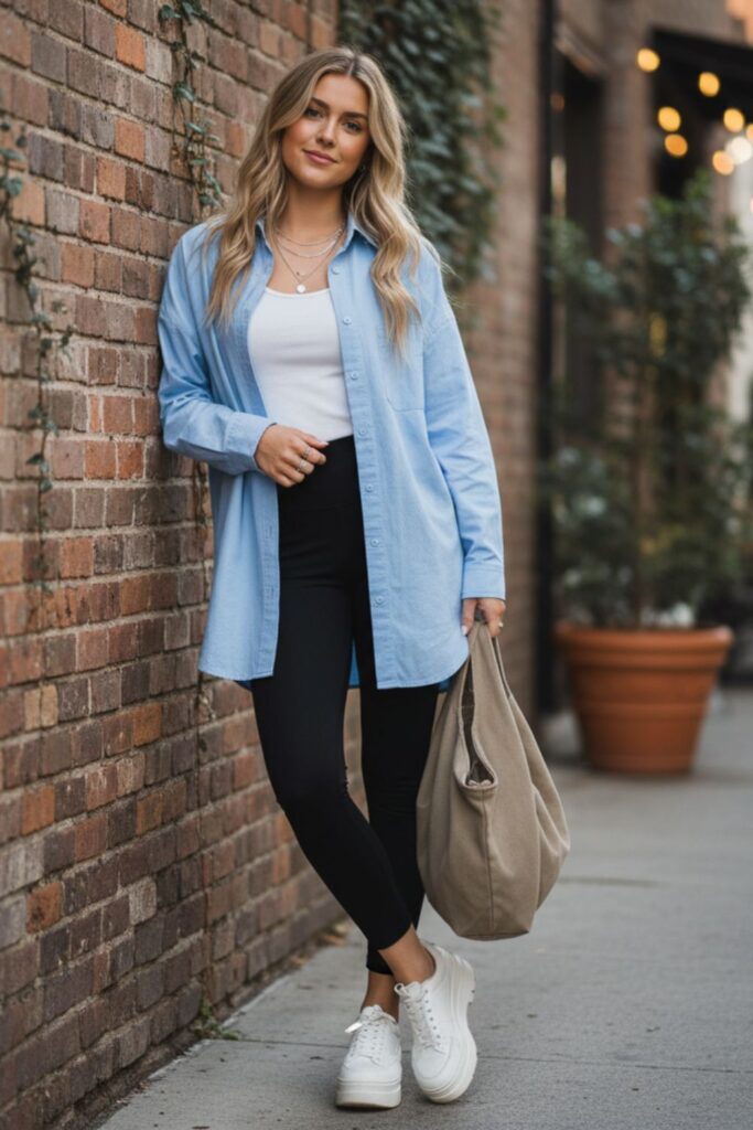 Loose Button-Up Shirt with Leggings