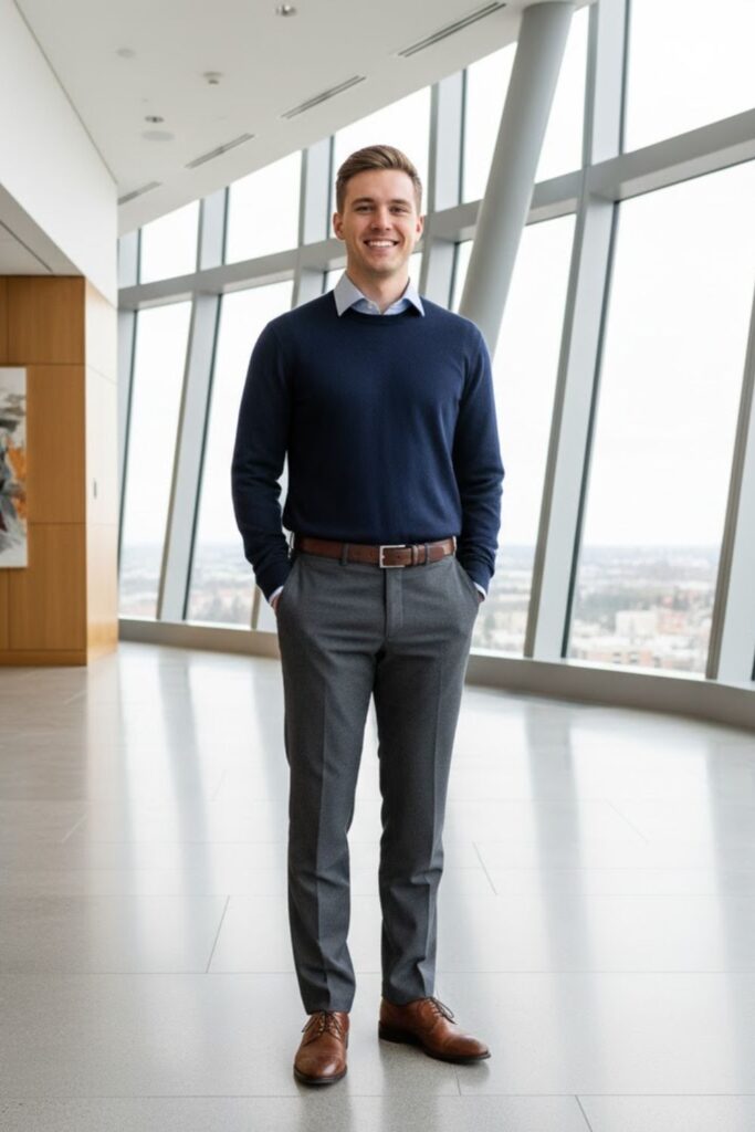 Merino Sweater with Collared Shirt and Dress Pants