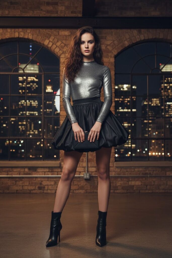 Metallic Bodysuit, Black Balloon Skirt, Heeled Boots, Clutch Bag