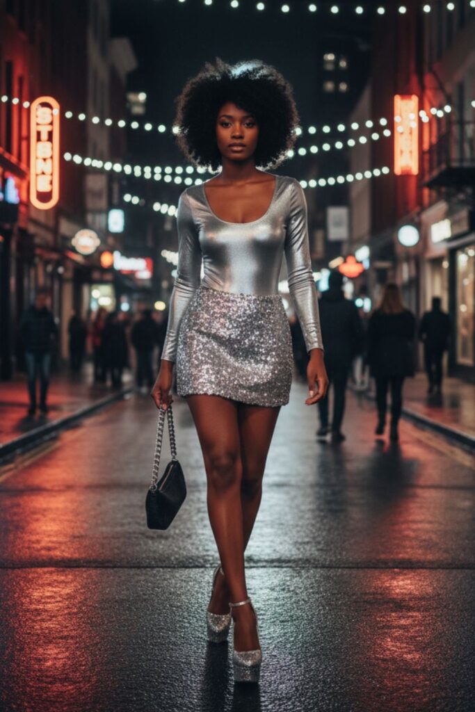 Metallic Bodysuit, Silver Skirt, Platform Heels, Chain Bag