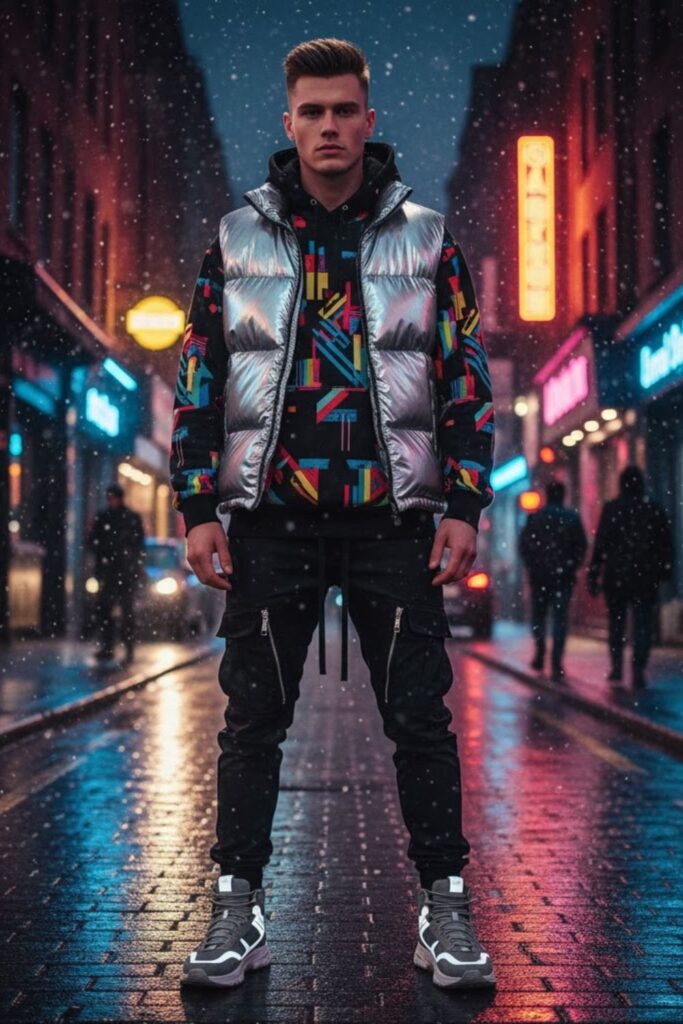 Metallic Puffer Vest with Hoodie and Tech Pants
