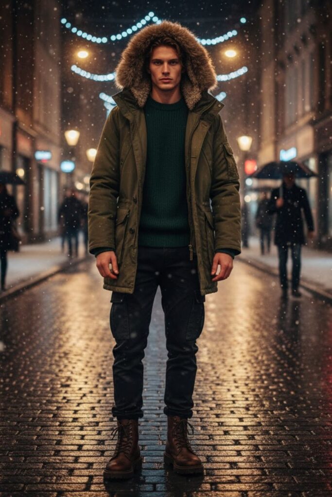 Military Parka with Wool Sweater and Cargo Jeans