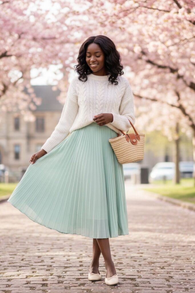 Mint Green Skirt with White Sweater and Ballet Flats