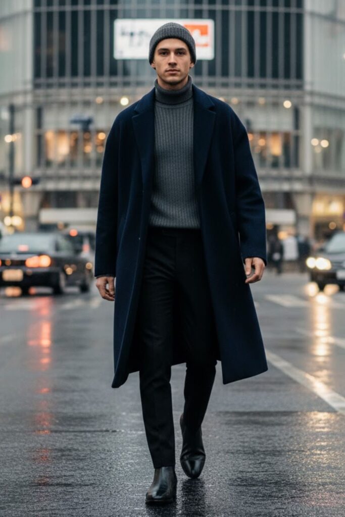 Oversized wool coat + turtleneck sweater + slim trousers + Chelsea boots