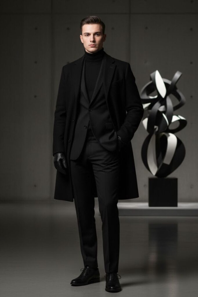 Monochrome Black Suit with Overcoat