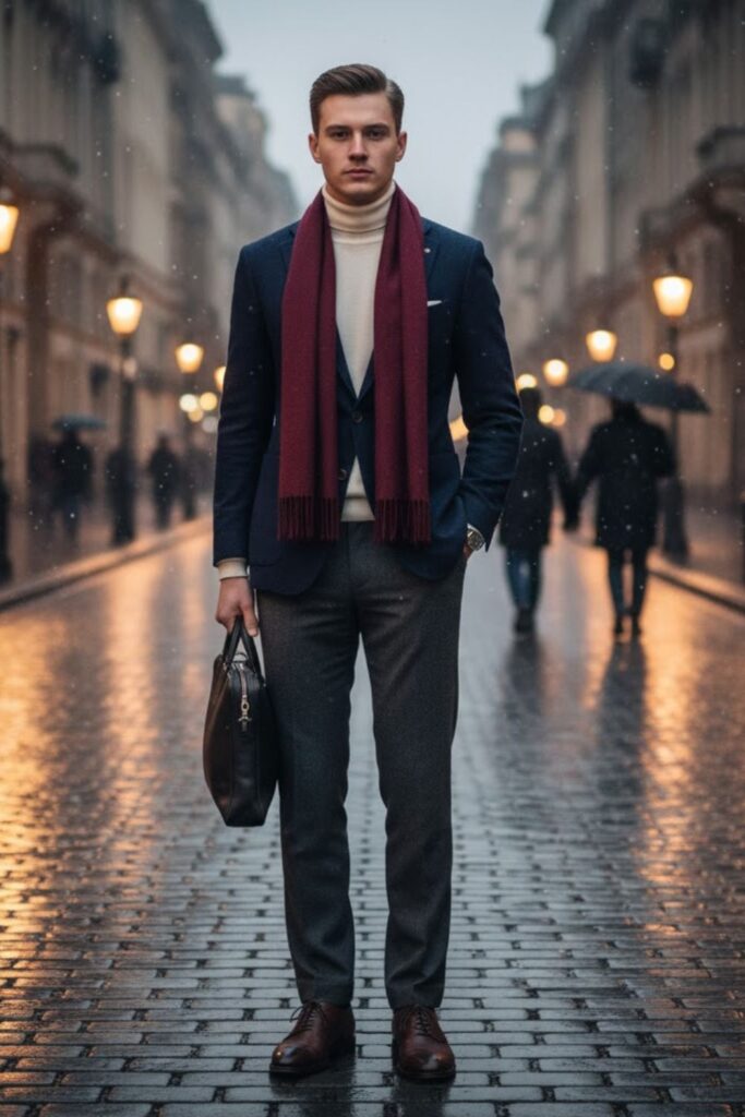 Navy Blazer with Gray Trousers and Cashmere Scarf