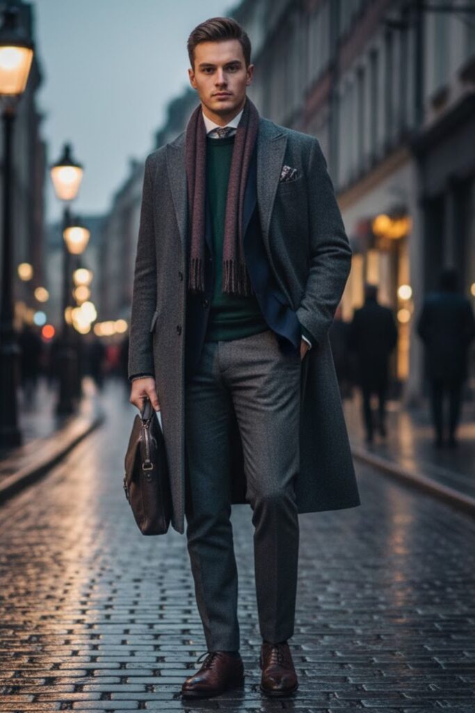 Navy Blazer with Gray Trousers and Wool Overcoat