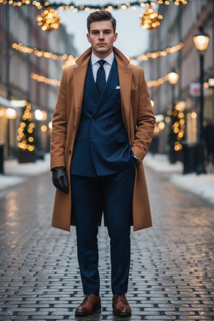 Navy Double-Breasted Suit with Camel Overcoat