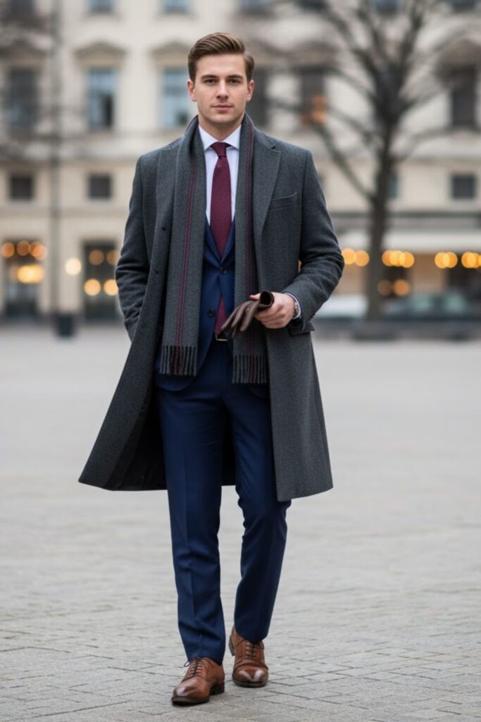 Navy Suit with Gray Overcoat and Scarf