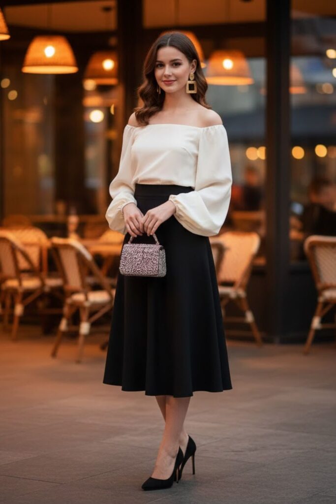Off-Shoulder Blouse, Black A-Line Skirt, Pointed-Toe Heels, Statement Earrings