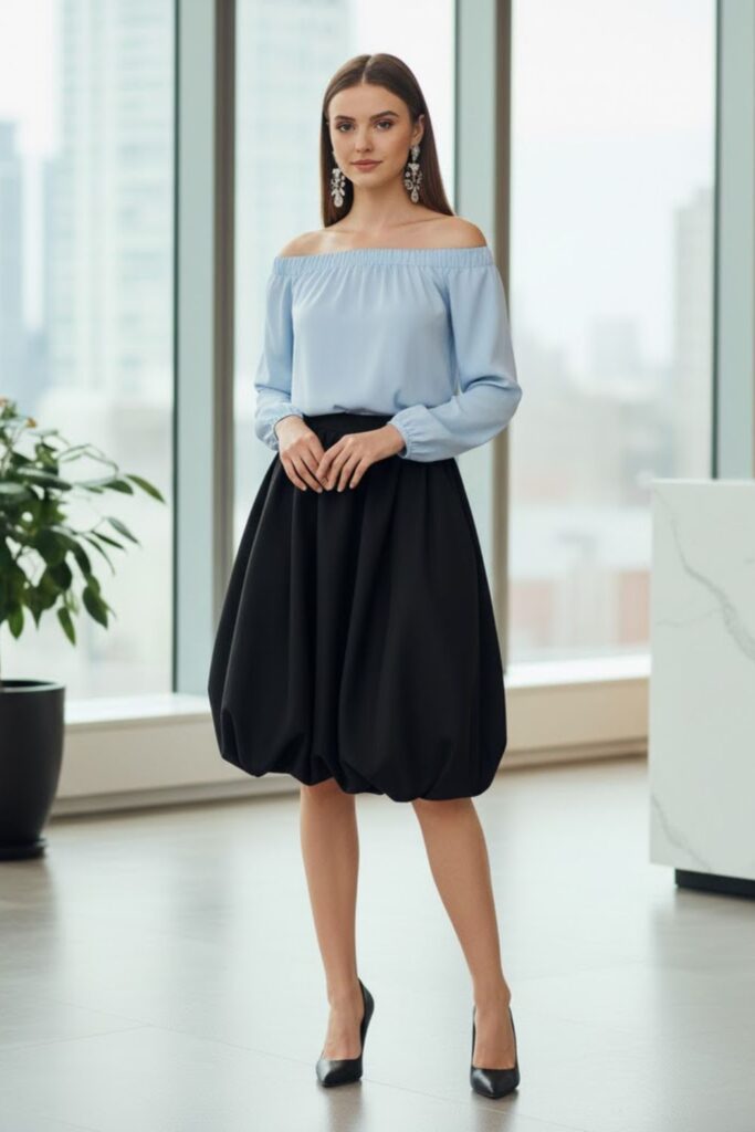 Off-Shoulder Blouse, Black Balloon Skirt, Pointed-Toe Heels, Statement Earrings