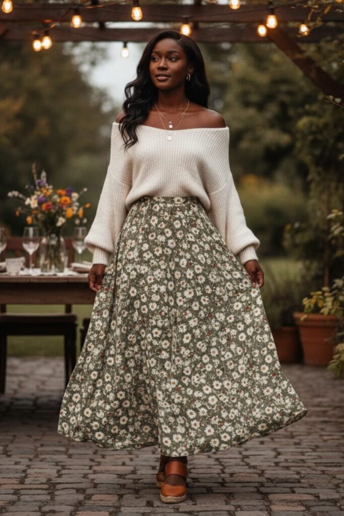Off-Shoulder Sweater with Maxi Skirt