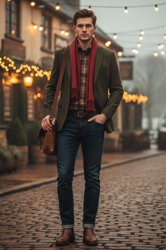 Olive Blazer with Flannel Shirt and Denim