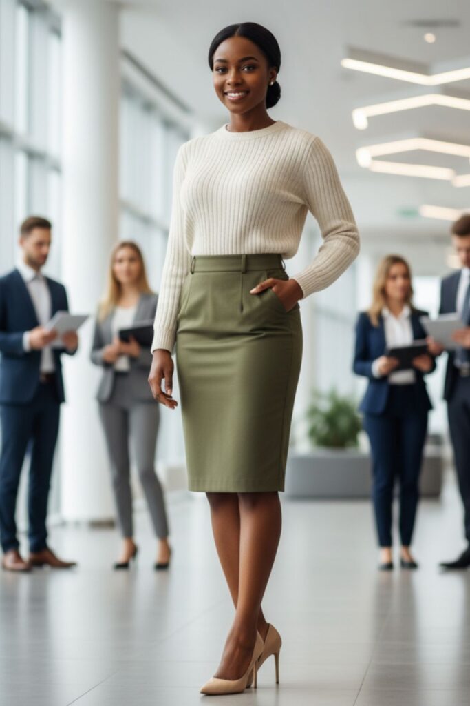 Olive Green Pencil Skirt with Beige Sweater and Pointed Heels