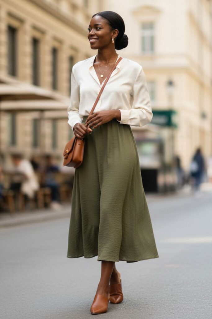 Olive Midi Skirt with Cream Blouse and Brown Mules
