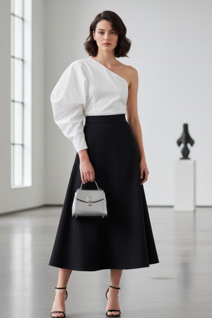  One-Shoulder Top, Black A-Line Skirt, Heeled Sandals, Mini Handbag