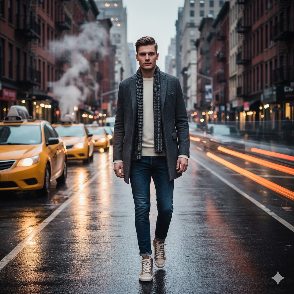 Overcoat with Crewneck and Cropped Jeans