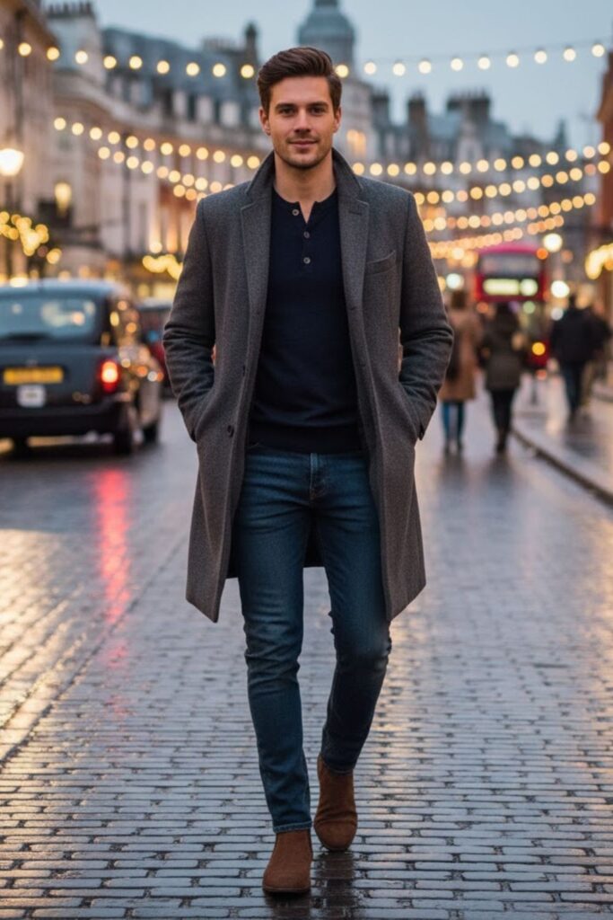 Overcoat with Henley and Jeans