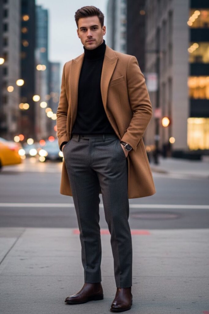 Overcoat with Turtleneck and Tailored Pants