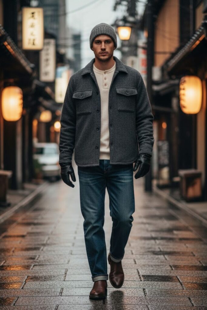 Overshirt jacket + thermal inner layer + straight jeans + beanie + slip-on boots