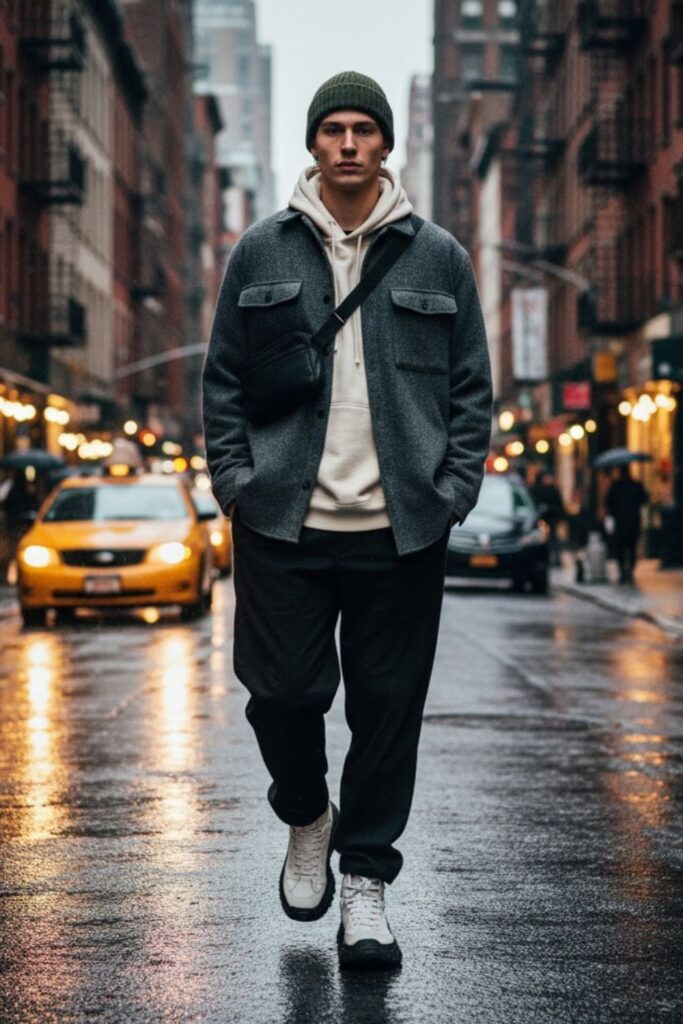 Overshirt with Hoodie and Wide-Leg Pants