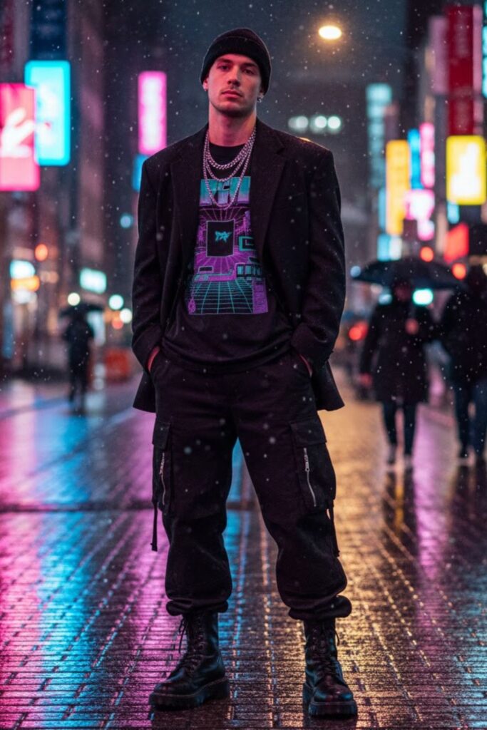 Oversized Blazer with Graphic Tee and Cargo Pants