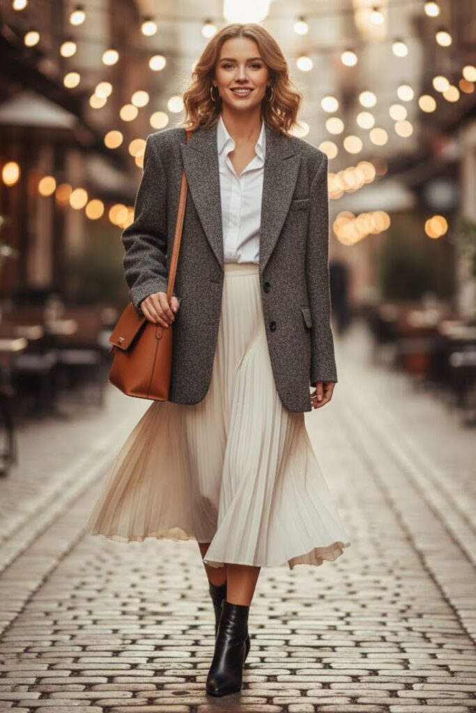 Oversized Blazer with Pleated Midi Skirt