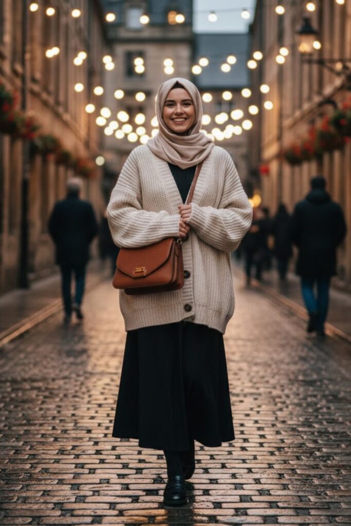 Oversized Cardigan, Black Skirt, Loafers, Light Hijab