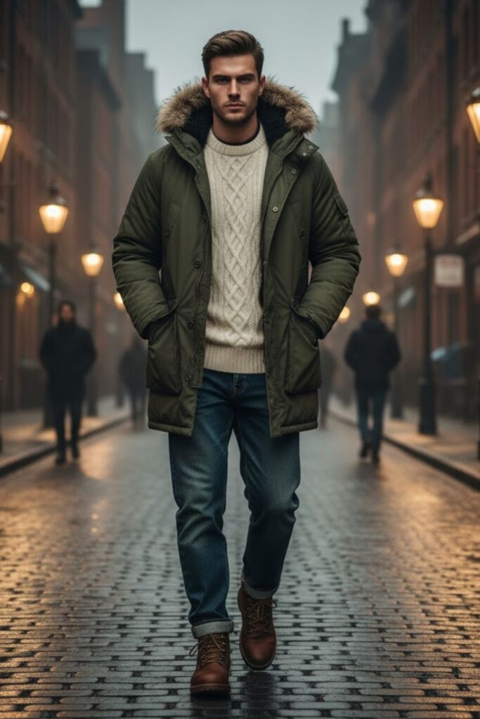 Oversized Parka with Knit Sweater