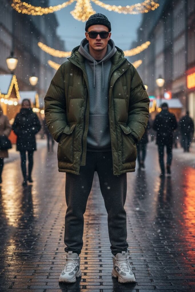 Oversized Parka with Sweats and Sneakers