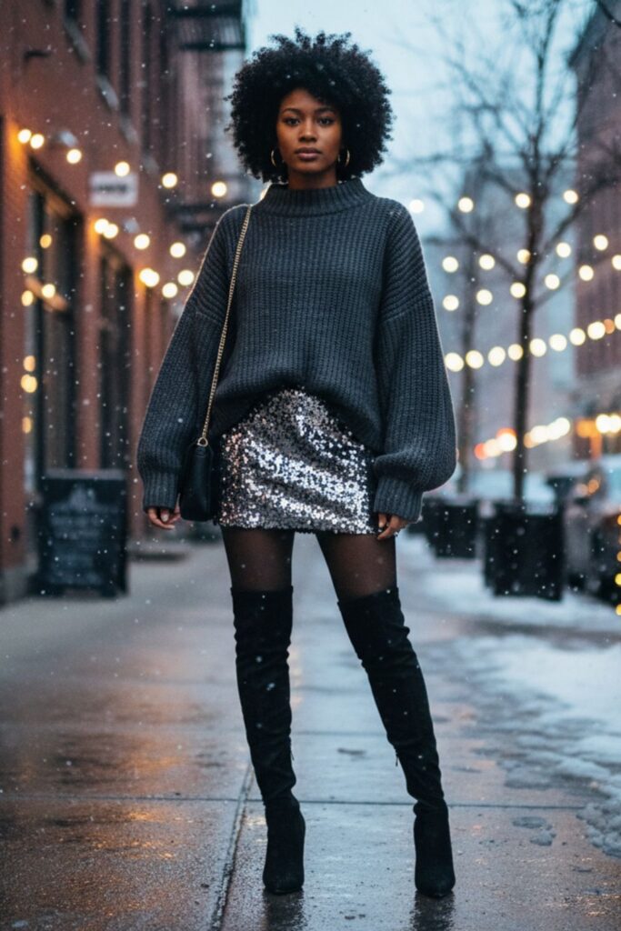 Oversized Sweater, Silver Sequin Skirt, Knee-High Boots, Shoulder Bag