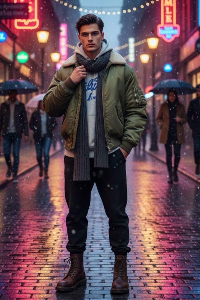 Padded Bomber Jacket with Knit Scarf and Joggers