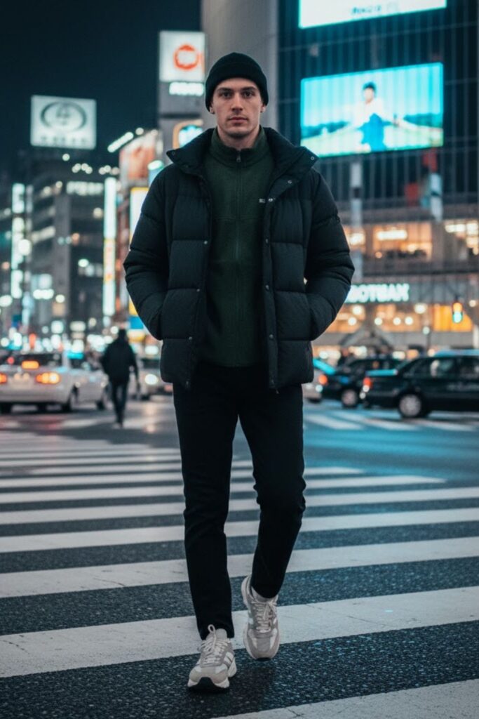 Padded puffer jacket + warm fleece layer + tapered pants + chunky sneakers