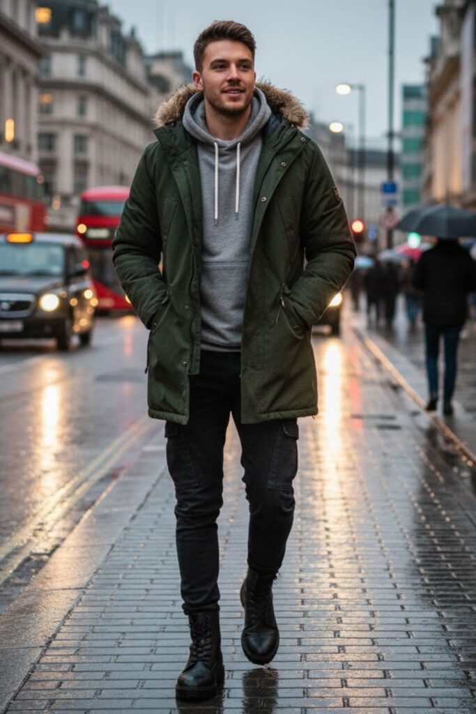 Parka Jacket with Hoodie and Denim