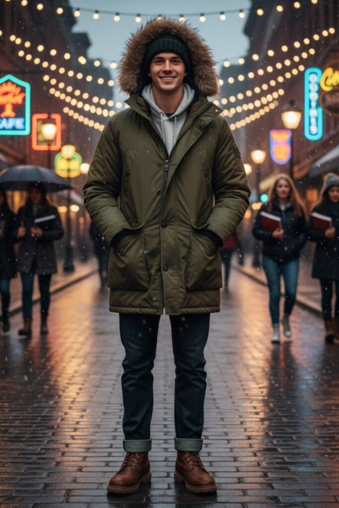 Parka Jacket with Hoodie and Jeans