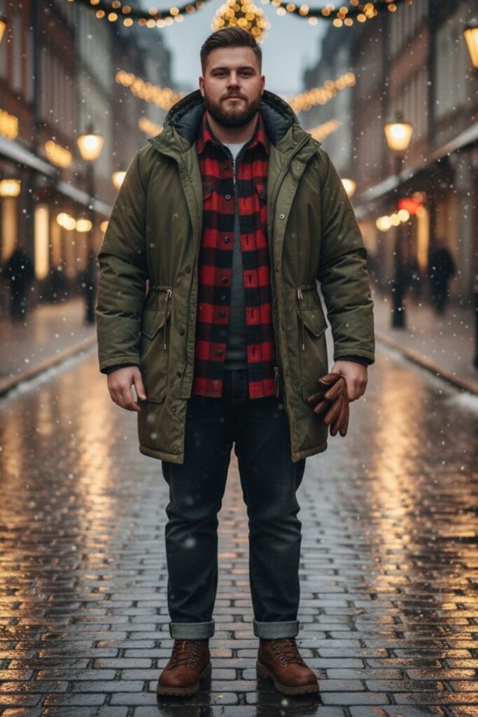 Parka with Flannel Shirt and Straight-Leg Jeans
